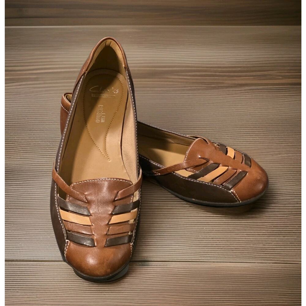 Clarks Gracelin Gemma Flat 8 M Leather Woven Multi Brown Comfort Loafers EUC